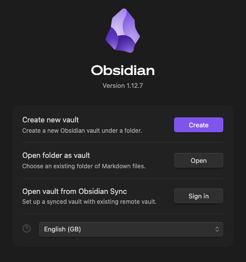 Obsidian Mac create new vault screen