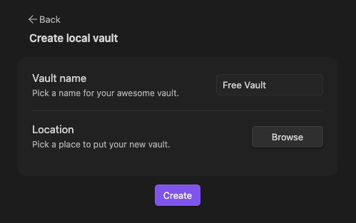 Obsidian Mac choose vault location screen